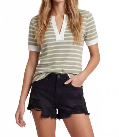 Doe & Rae Split V-neck Striped Short Sleeve Top In Brown In Green
