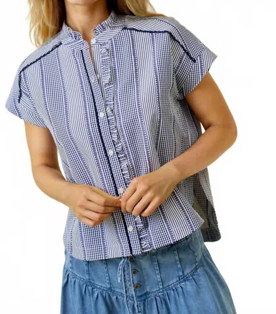 Doe & Rae Stripe & Gingham Button Down Detail Top In Blue