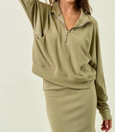 Doe & Rae Stripe Textured Half Zip Top In Light Olive In Beige