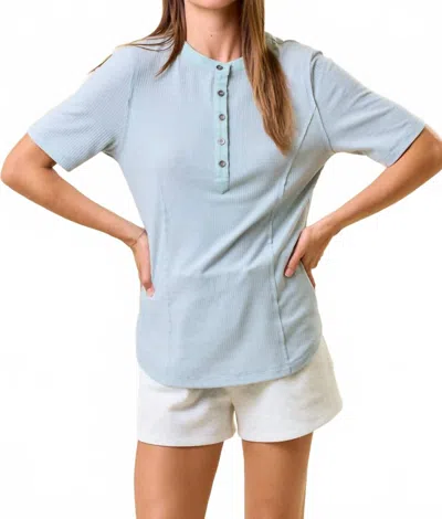 Doe & Rae Striped Contrast Hem Henley Top In Seafoam In Blue