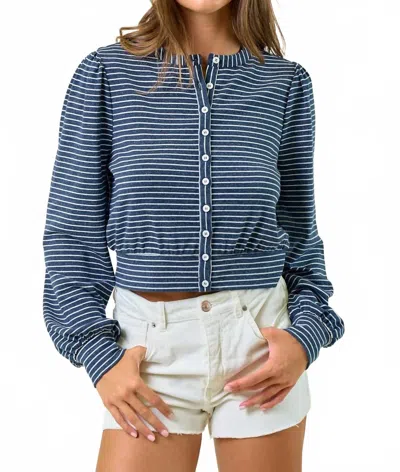Doe & Rae Striped Knit Button-front Blouson Top In Indigo In Multi