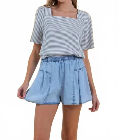 Doe & Rae Tencel Denim Elastic Waist Pintuck Wide Leg Shorts In Blue