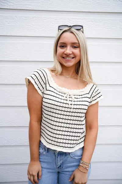 Doe & Rae Vintage Striped Crochet Knit Top In Cream In Multi