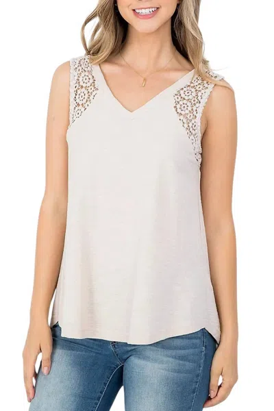 Doe & Rae Vneck Tank Top With Crochet Detail In Taupe In Gray