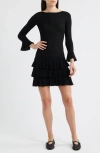Doen Dôen Amelina Layered Ruffle Long Sleeve Merino Wool Minidress In Black