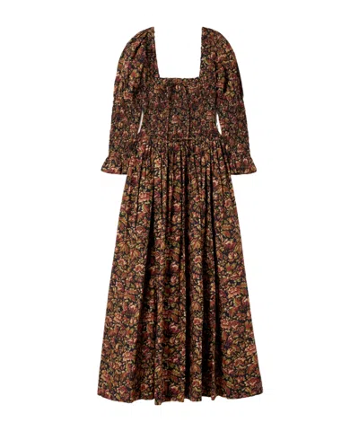 Doen Bijou Shirred Floral-print Organic Cotton-voile Midi Dress In Black