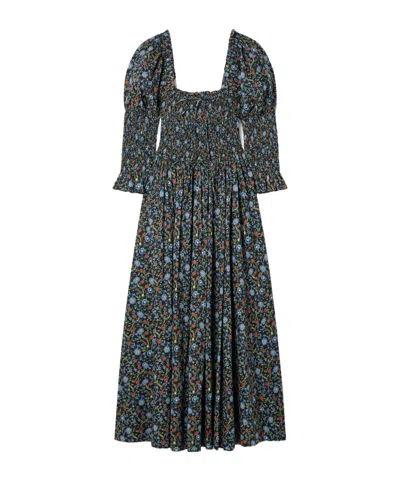 Doen Bijou Shirred Floral-print Organic Cotton-voile Midi Dress In Multi