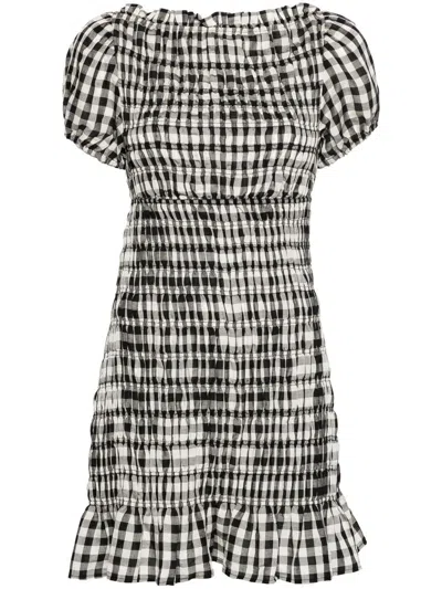 Doen Rizzo Shirred Gingham Voile Mini Dress In Black