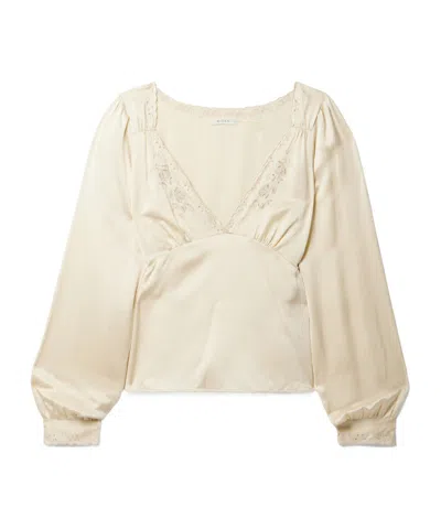 Doen Broderie Anglaise-trimmed Silk-satin Blouse In Brown