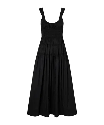 Doen Clover Smocked Organic Cotton-poplin Midi Dress In Black