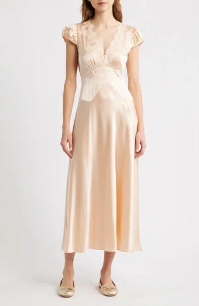 Doen Dôen Coraline Lace Trim Silk Satin Midi Dress In Neutral