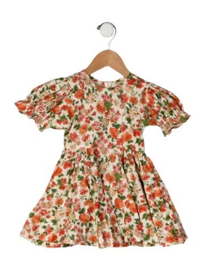 Pre-owned Doen Babies' Cotton Floral Print Short Sleeve Dress In Orange