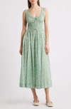 Doen Emmaretta Tie-detailed Shirred Floral-print Organic Cotton-voile Midi Dress In Peridot Tea Floral