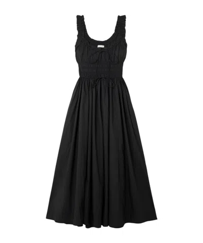 Doen Emmaretta Tie-detailed Shirred Organic Cotton-voile Midi Dress In Black