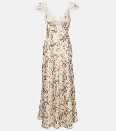 Doen Fiona Lace-trimmed Floral-print Silk-satin Midi Dress In White