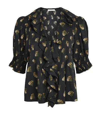 Doen Henri Ruffled Pintucked Floral-print Organic Cotton-blend Voile Top In Black