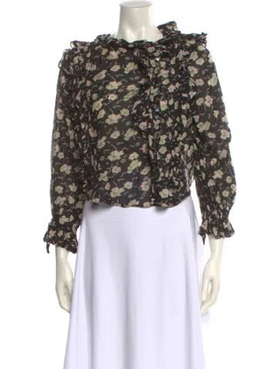 Pre-owned Doen Floral Print Bateau Neckline Blouse In Black