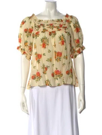 Pre-owned Doen Floral Print Bateau Neckline Blouse In Yellow