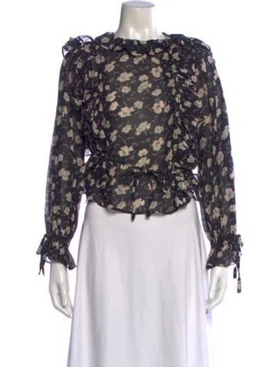 Pre-owned Doen Floral Print Crew Neck Blouse In Black