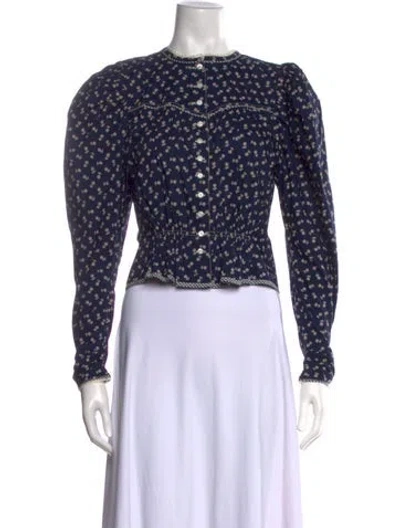 Pre-owned Doen Floral Print Crew Neck Blouse In Blue