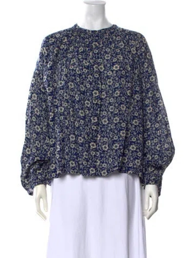 Pre-owned Doen Floral Print Crew Neck Blouse In Blue