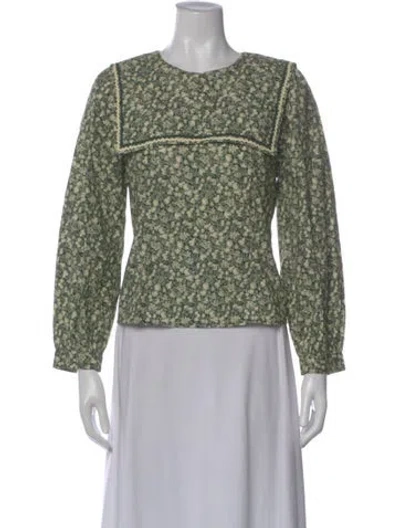 Pre-owned Doen Floral Print Crew Neck Blouse In Green
