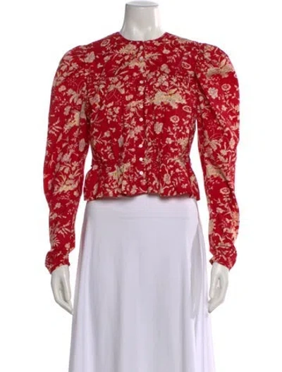Pre-owned Doen Floral Print Crew Neck Blouse In Red