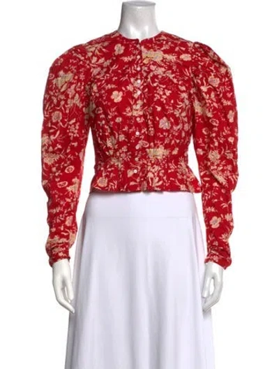 Pre-owned Doen Floral Print Crew Neck Blouse In Red