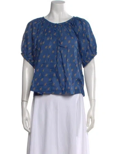 Pre-owned Doen Floral Print Crew Neck Blouse W/ Tags In Blue