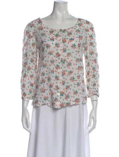 Pre-owned Doen Floral Print Crew Neck Blouse In White