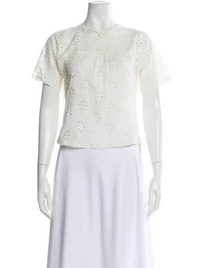 Pre-owned Doen Floral Print Crew Neck Blouse In White