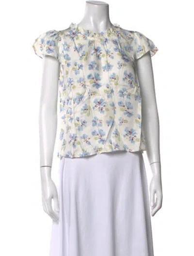 Pre-owned Doen Floral Print Crew Neck Blouse In White