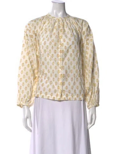 Pre-owned Doen Floral Print Crew Neck Blouse In White