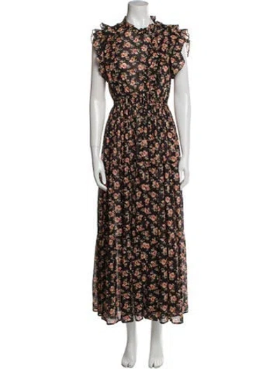 Pre-owned Doen Floral Print Long Dress In Black