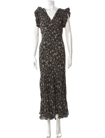 Pre-owned Doen Floral Print Long Dress In Black