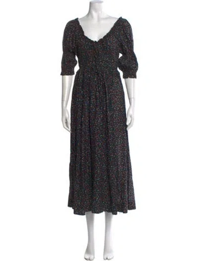 Pre-owned Doen Floral Print Long Dress In Black