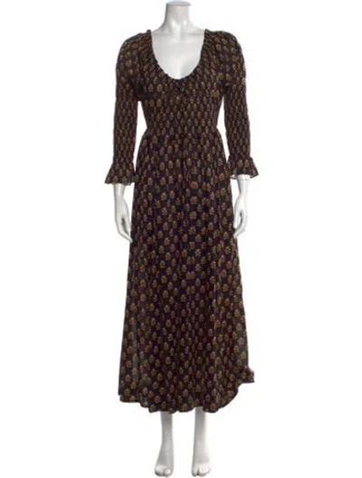 Pre-owned Doen Floral Print Long Dress In Black