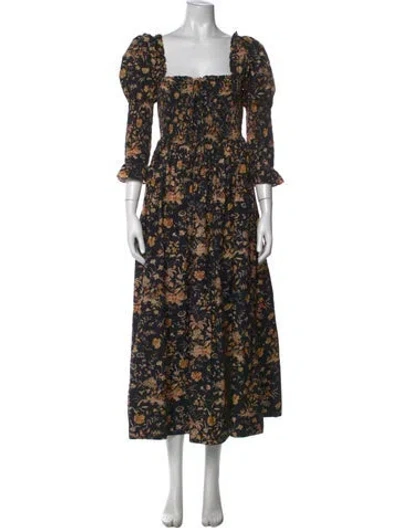Pre-owned Doen Floral Print Long Dress In Black