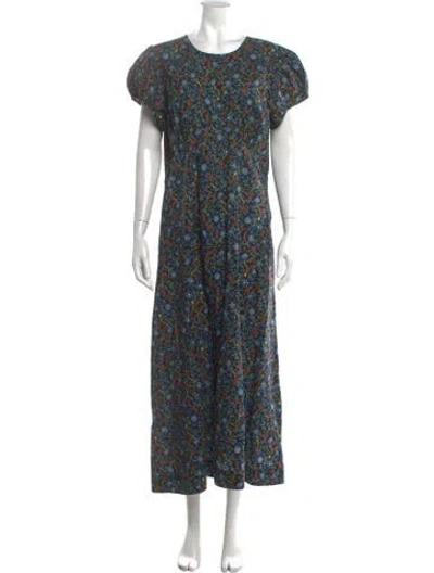 Pre-owned Doen Floral Print Long Dress In Blue