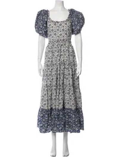 Pre-owned Doen Floral Print Long Dress In Blue/white