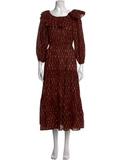 Pre-owned Doen Floral Print Long Dress In Brown