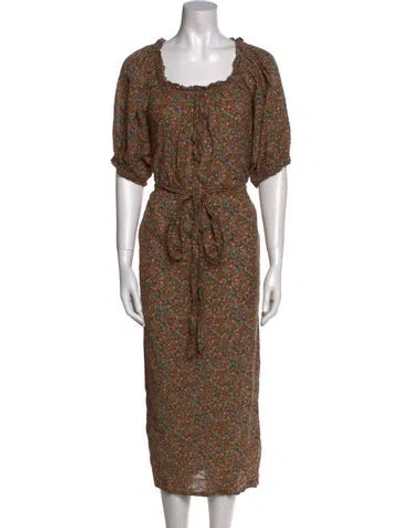 Pre-owned Doen Floral Print Long Dress In Green