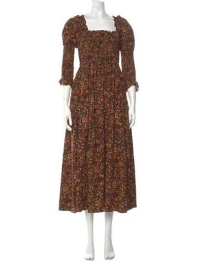 Pre-owned Doen Floral Print Long Dress In Green