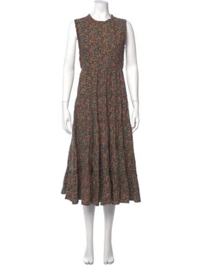 Pre-owned Doen Floral Print Long Dress In Green