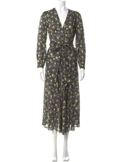 Pre-owned Doen Floral Print Long Dress In Green