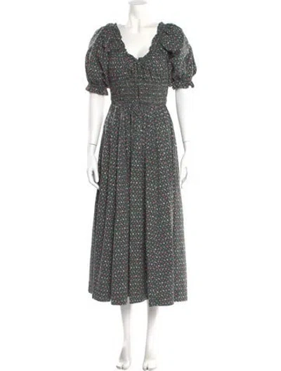 Pre-owned Doen Floral Print Long Dress In Green