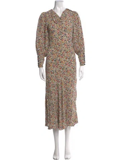Pre-owned Doen Floral Print Long Dress In Green
