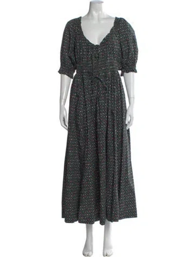 Pre-owned Doen Floral Print Long Dress In Green