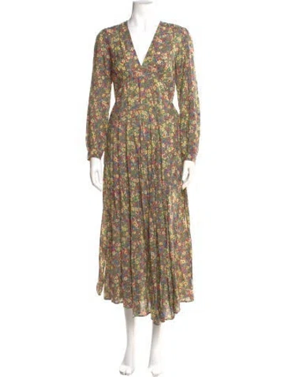 Pre-owned Doen Floral Print Long Dress In Green