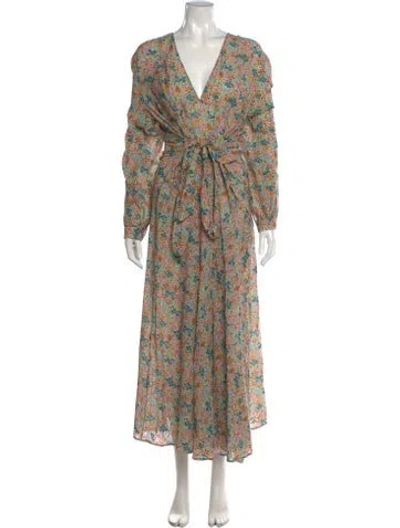 Pre-owned Doen Floral Print Long Dress In Green